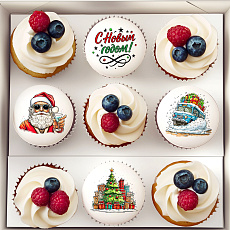 Капкейки с мастикой и ягодами "Новогодние ленточки" - 9 шт