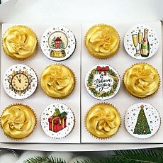 Новогодние капкейки с мастикой и золотым кремом - 12 шт